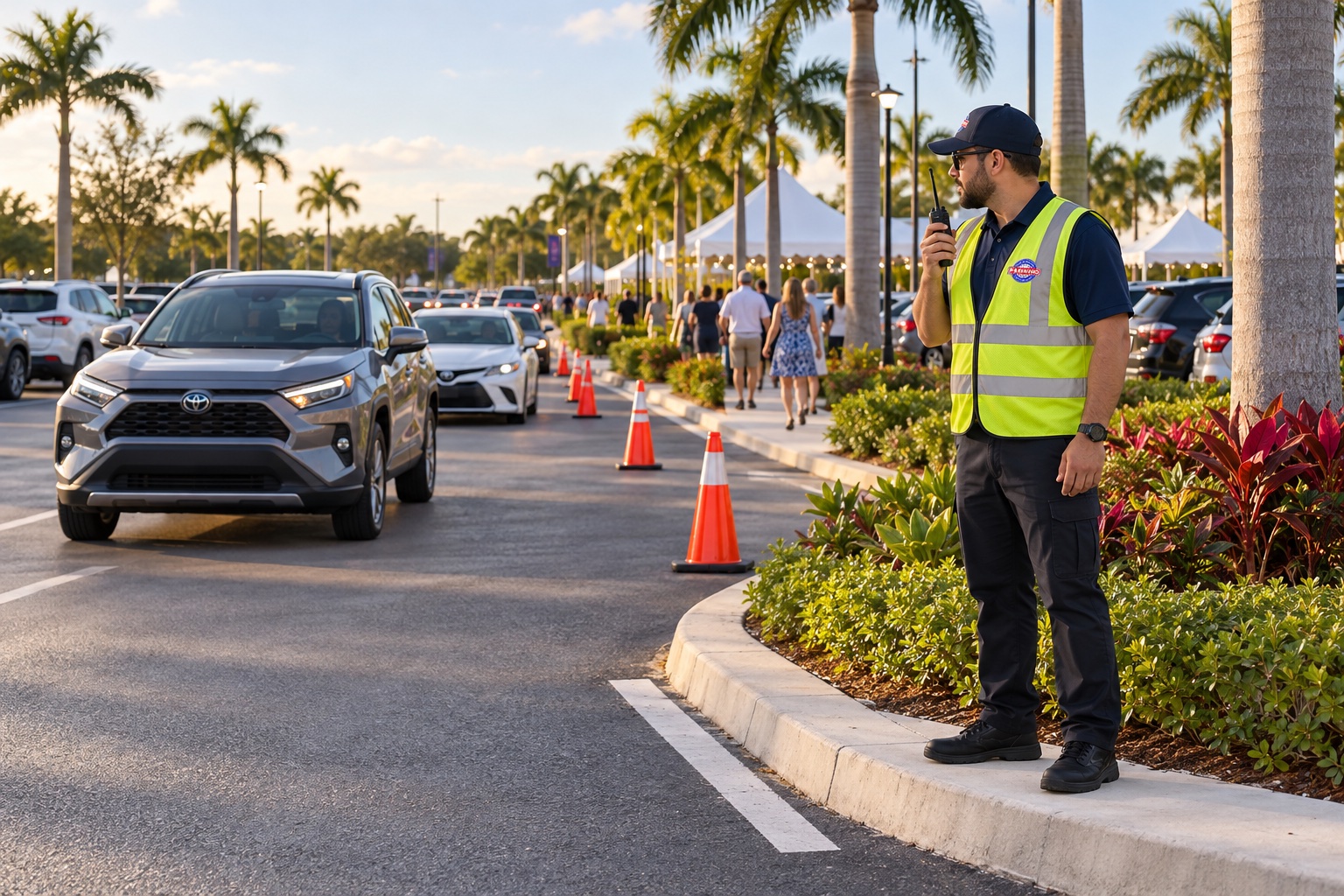 Illustrative event parking professional directing arrivals from a raised pedestrian island